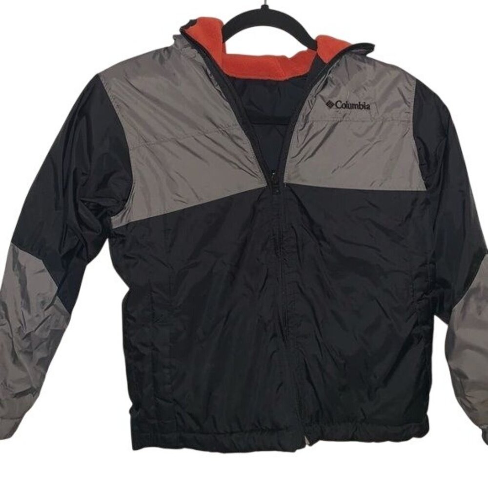 Columbia Youth Reversible Jacket Size 8 Black & Gray With Orange Fleece Liner Ho